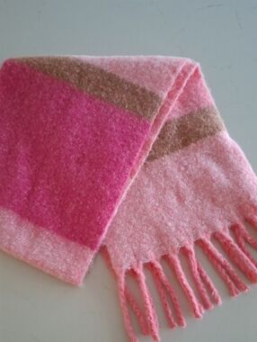 Pieces Vibrant Fuchsia, Pink & Tan Cozy/Fluffy Fringed Blanket Scarf (14" x 68")
